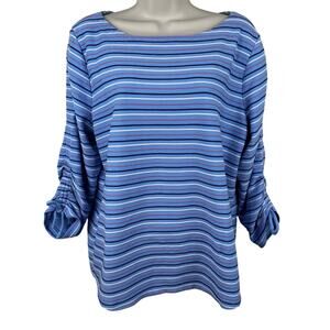 Talbots Textured Ruched-Sleeve T-Shirt Top Striped Nautical Coastal Blue Large